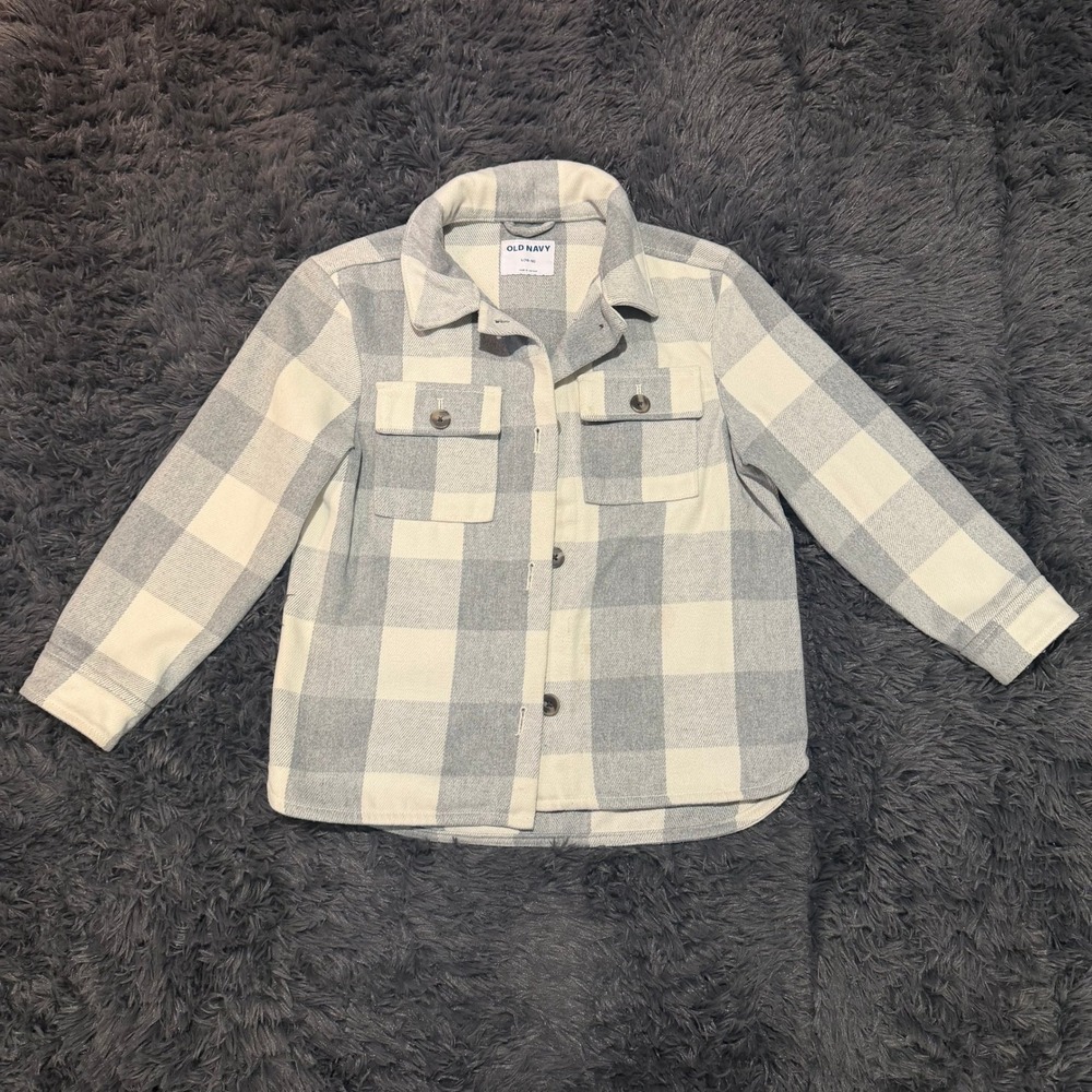 Old Navy Kids Grey Cream Buffalo Plaid Flannel Shacket Jacket L 10-12 Boys Girls